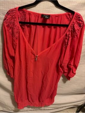 Deb Coral-Red Lace Shoulder V-Neck Blouse